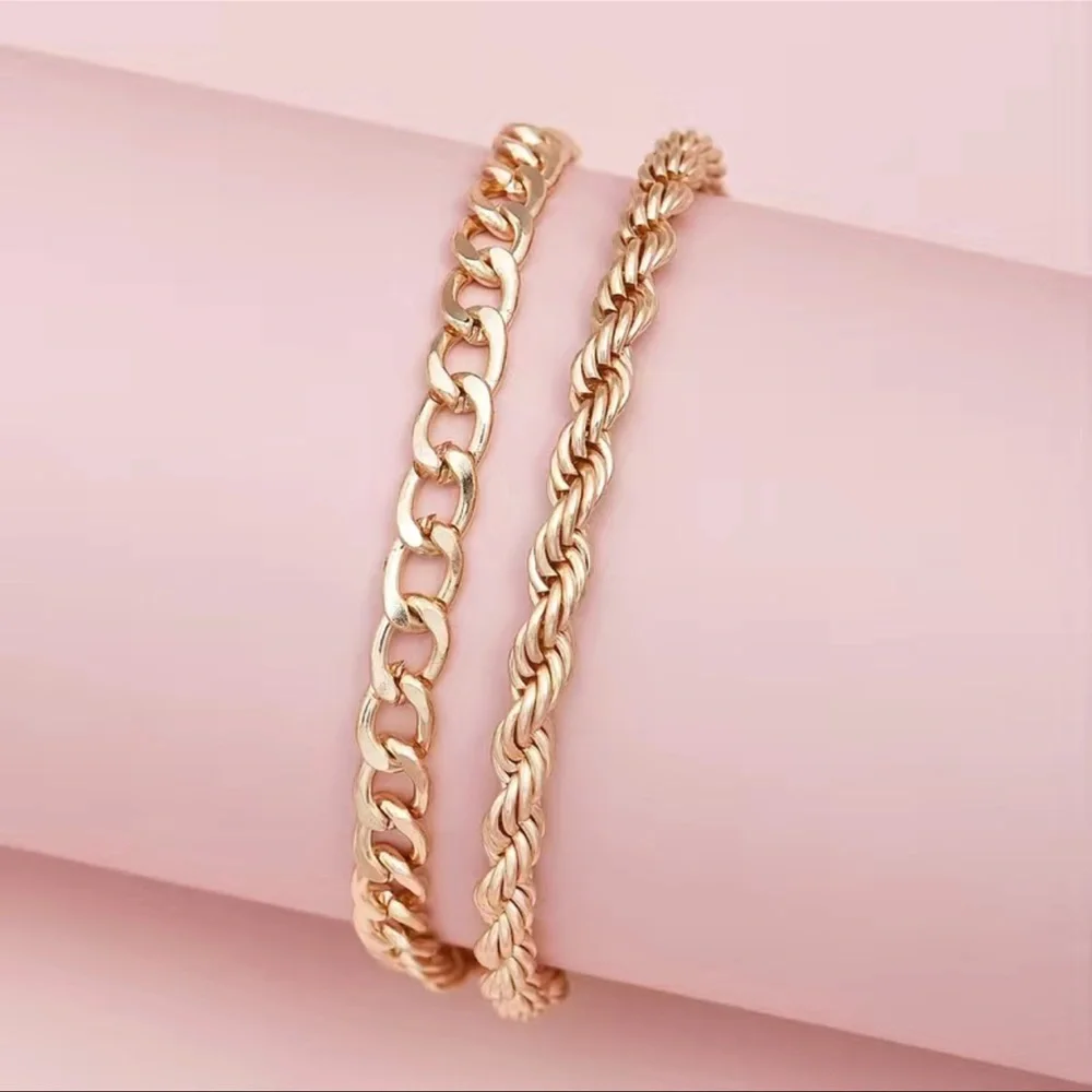 Gold Tone Anklet Bracelet Set (2) | Cuban Link & Rope Chain Layered